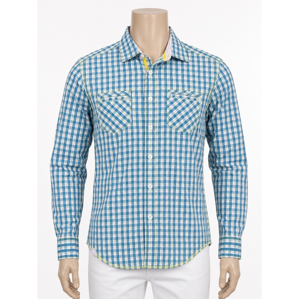 Marc Ecko Cut & Sew Mens Large Blue Gingham Plaid Button Down Shirt Neon Stitch